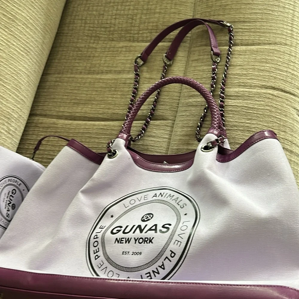 Gunas New York Ruth  canvas tote bag purple trimmed in leather APX 16 x 11 x 4 - Picture 9 of 13